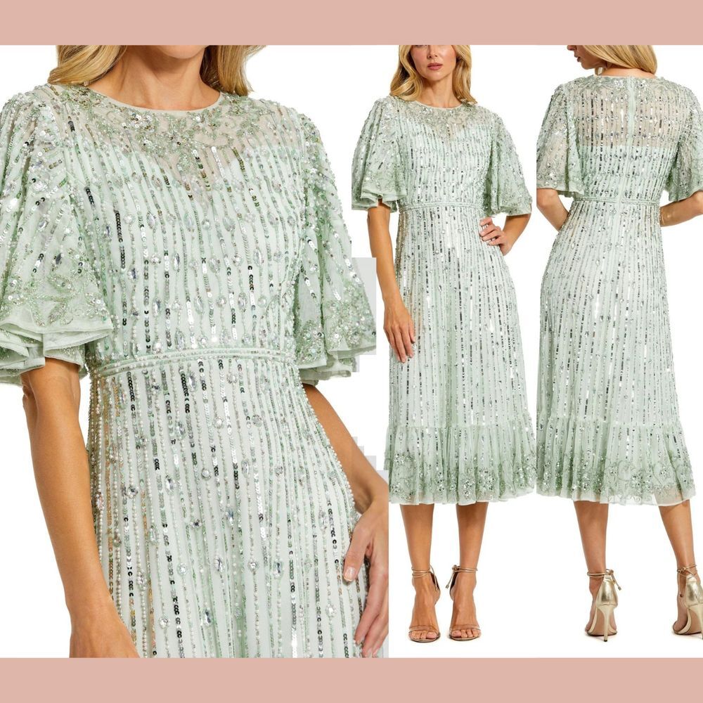 NEW Mac Duggal‎ [ 2 ] 5579 Short Flounce Sleeve Midi Dress in Sage Green
